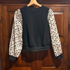 Black Textured Sweater with Patterned Sleeves